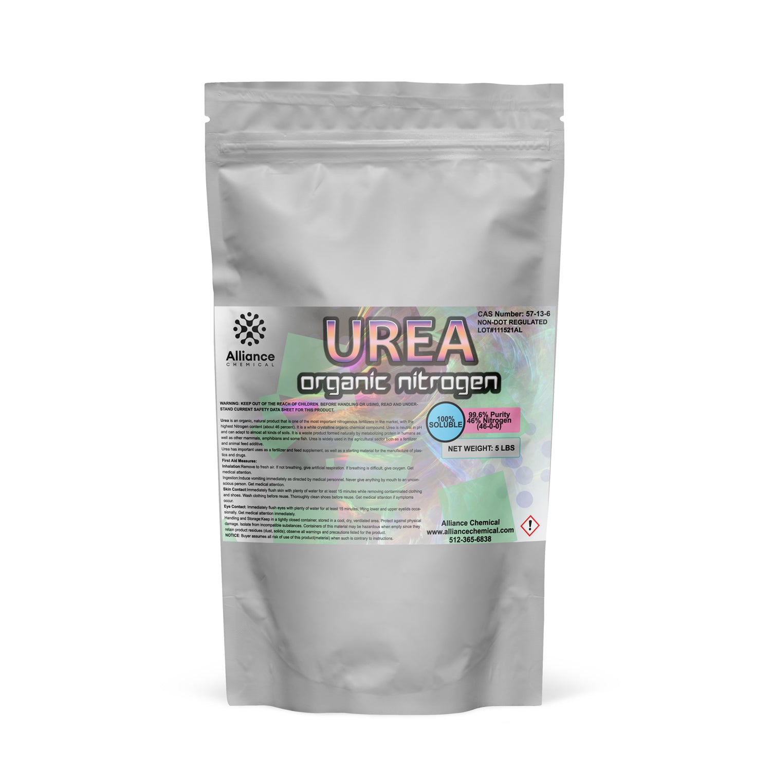 5lb resealable bag of Urea organic nitrogen fertilizer (46-0-0), manufactured by Alliance Chemical, with CAS 57-13-6, hazard symbol, 100% soluble, non-DOT regulated.