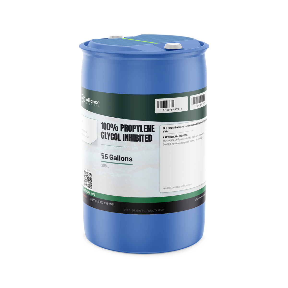 100% Propylene Glycol Inhibited in a 55-gallon drum for closed-loop heating and cooling systems by Alliance Chemical