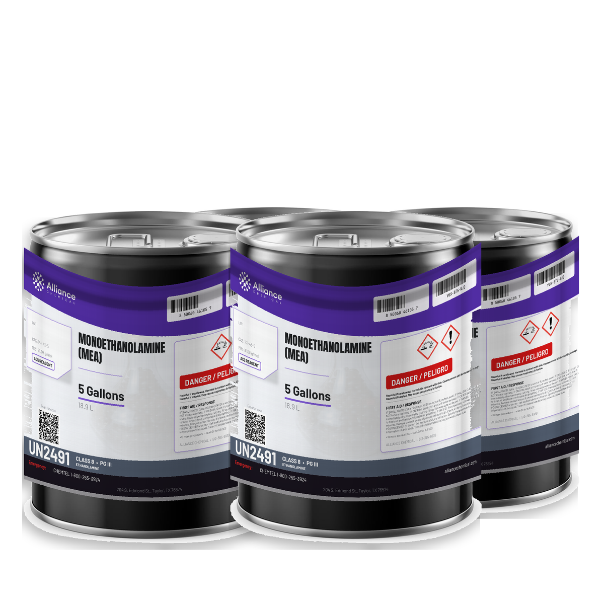 Monoethanolamine (MEA) ACS Reagent Grade in four 5-gallon steel pails from Alliance Chemical for gas sweetening