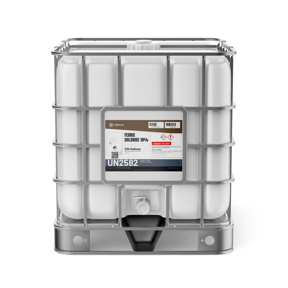 Ferric Chloride 10% Technical Grade in a 330-gallon IBC tote for water treatment, Alliance Chemical