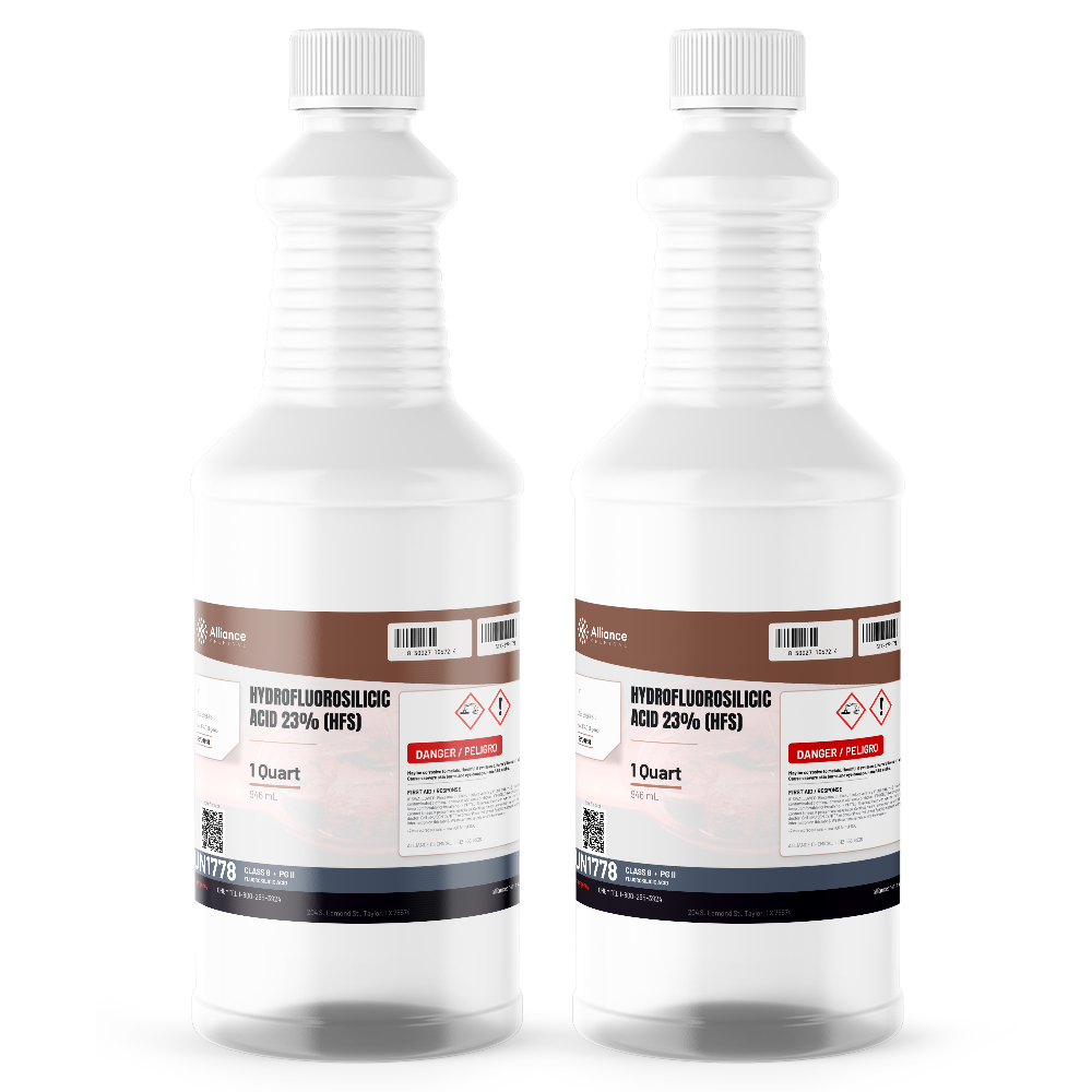 Hydrofluorosilicic Acid 23% technical grade in two 1-quart plastic bottles for water fluoridation, Alliance Chemical