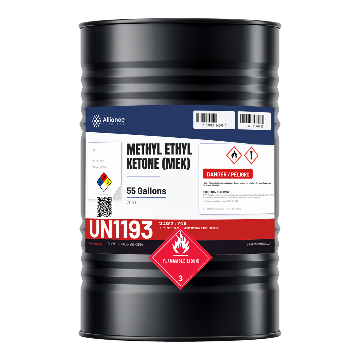 Methyl Ethyl Ketone (MEK) Technical Grade in a 55-gallon steel drum, Alliance Chemical