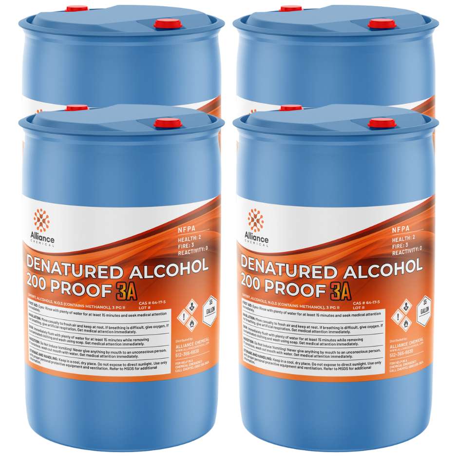 Four 55-gallon blue HDPE drums of Alliance 200-proof denatured alcohol (3A) with NFPA diamond hazard labels, CAS #64-17-5, sealed red caps.