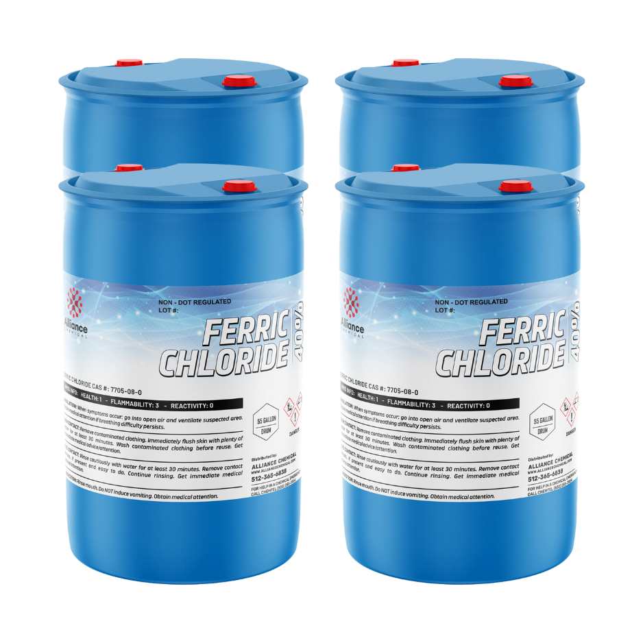 Four 55-gallon blue plastic drums of Alliance Chemical Ferric Chloride 40% with red caps and product labels.
