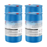 Four 55-gallon blue plastic drums of Alliance Chemical Ferric Chloride 40% with red caps and product labels.