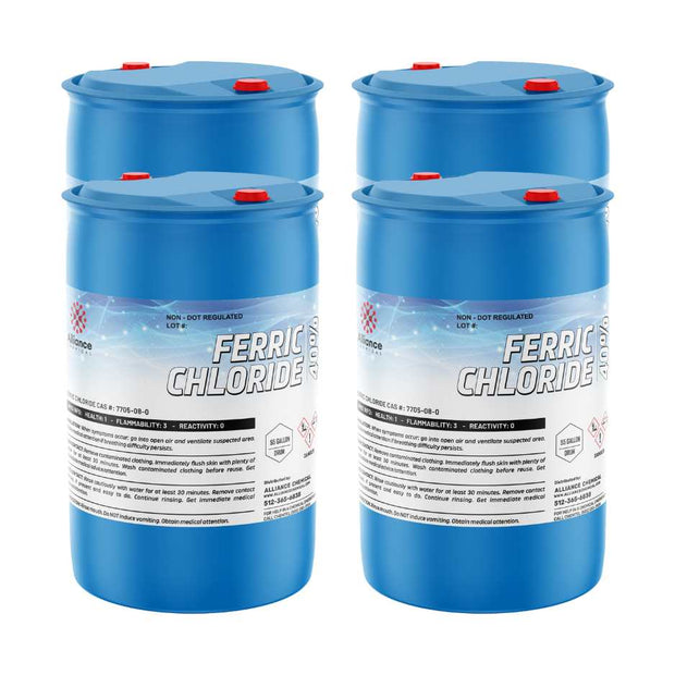 Four 55-gallon blue plastic drums of Alliance Chemical Ferric Chloride 40% with red caps and product labels.