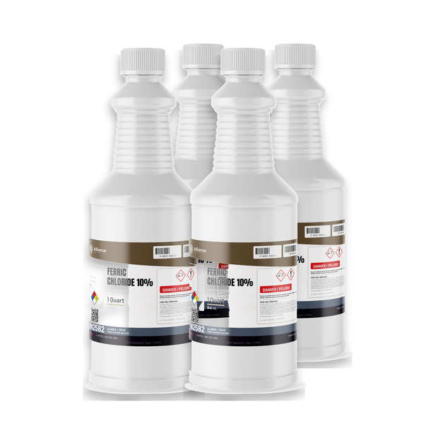Ferric Chloride 10% Water Treatment Grade solution in four 1-quart plastic bottles, Alliance Chemical