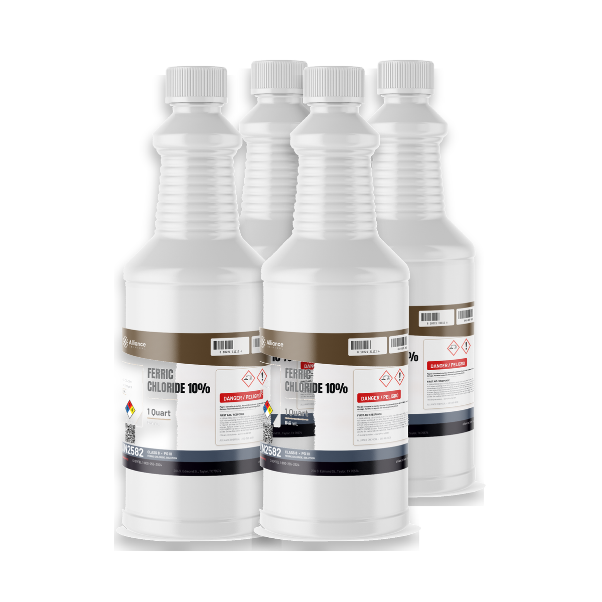 Ferric Chloride 10% Technical Grade in four 1-quart bottles from Alliance Chemical