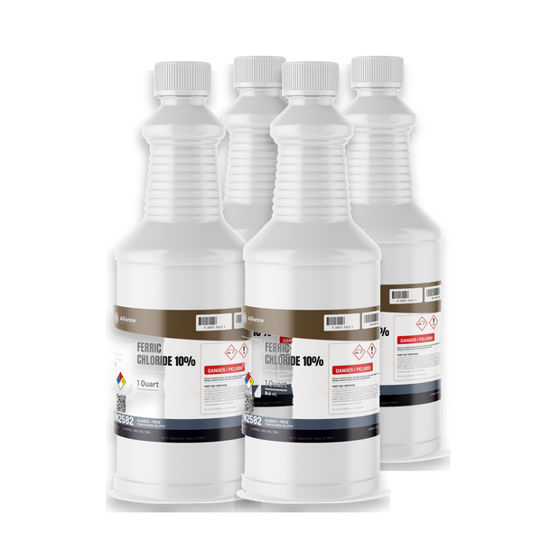 Ferric Chloride 10% Technical Grade in four 1-quart bottles from Alliance Chemical