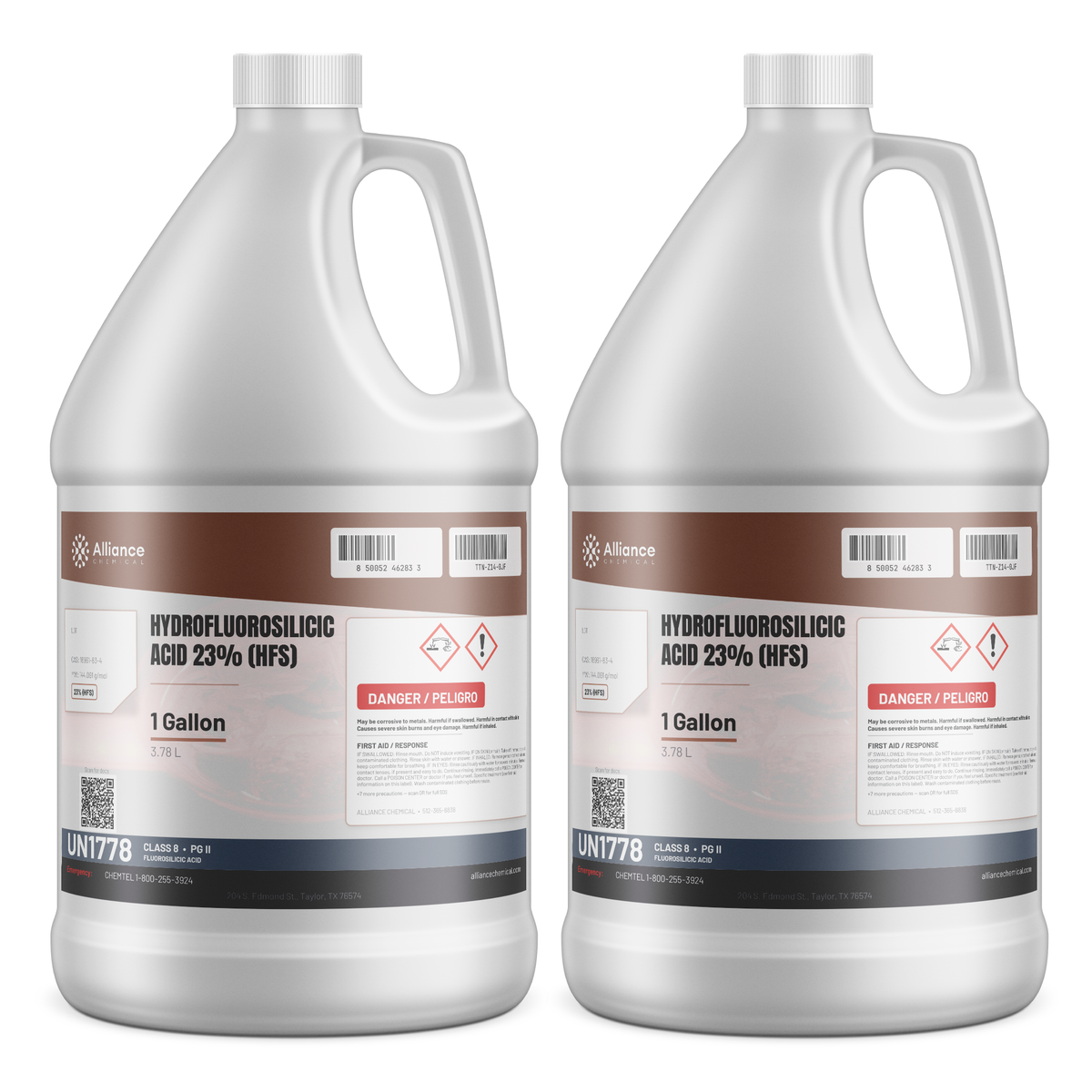 Hydrofluorosilicic Acid 23% Technical Grade in two 1-gallon plastic jugs for municipal water fluoridation, Alliance Chemical