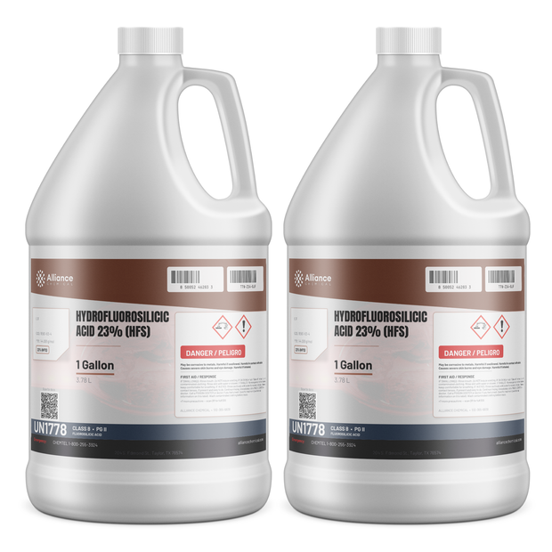 Hydrofluorosilicic Acid 23% Technical Grade in two 1-gallon plastic jugs for municipal water fluoridation, Alliance Chemical