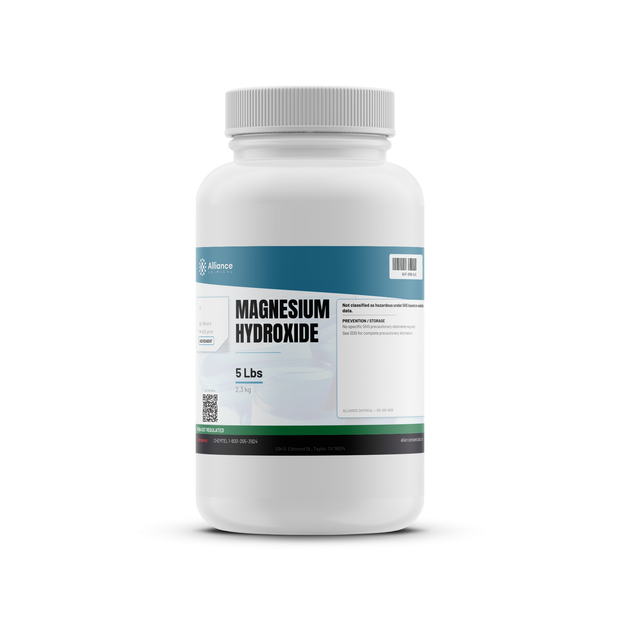 Magnesium Hydroxide ACS Reagent Grade 5-lb white plastic bottle for pH control, Alliance Chemical