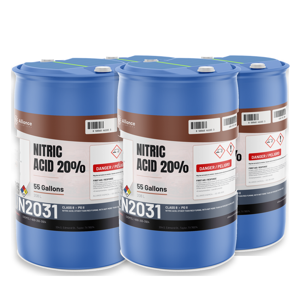 Nitric Acid 20% Technical Grade in four blue 55-gallon poly drums from Alliance Chemical