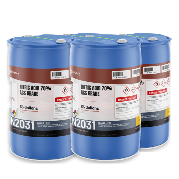 Nitric Acid 70% ACS Grade four 55-gallon drums Alliance Chemical for metal finishing and wafer etching