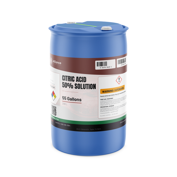 Citric Acid 50% Technical Grade solution in a 55-gallon blue drum by Alliance Chemical for industrial descaling and neutralization