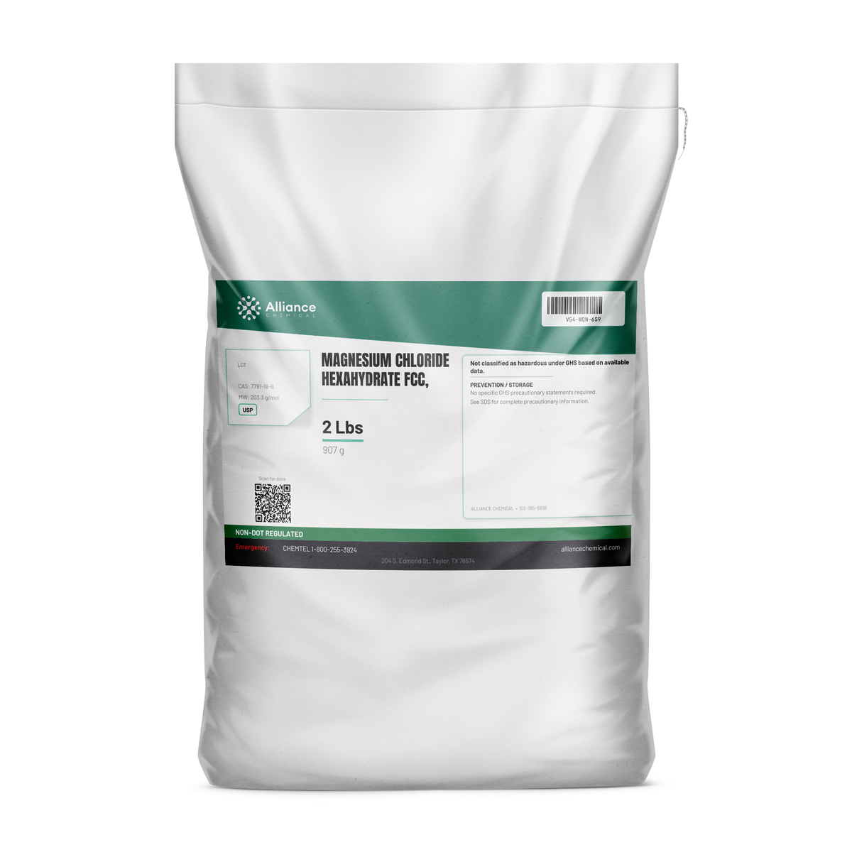 Magnesium chloride hexahydrate USP FCC grade in a 2-lb bag for food processing, Alliance Chemical