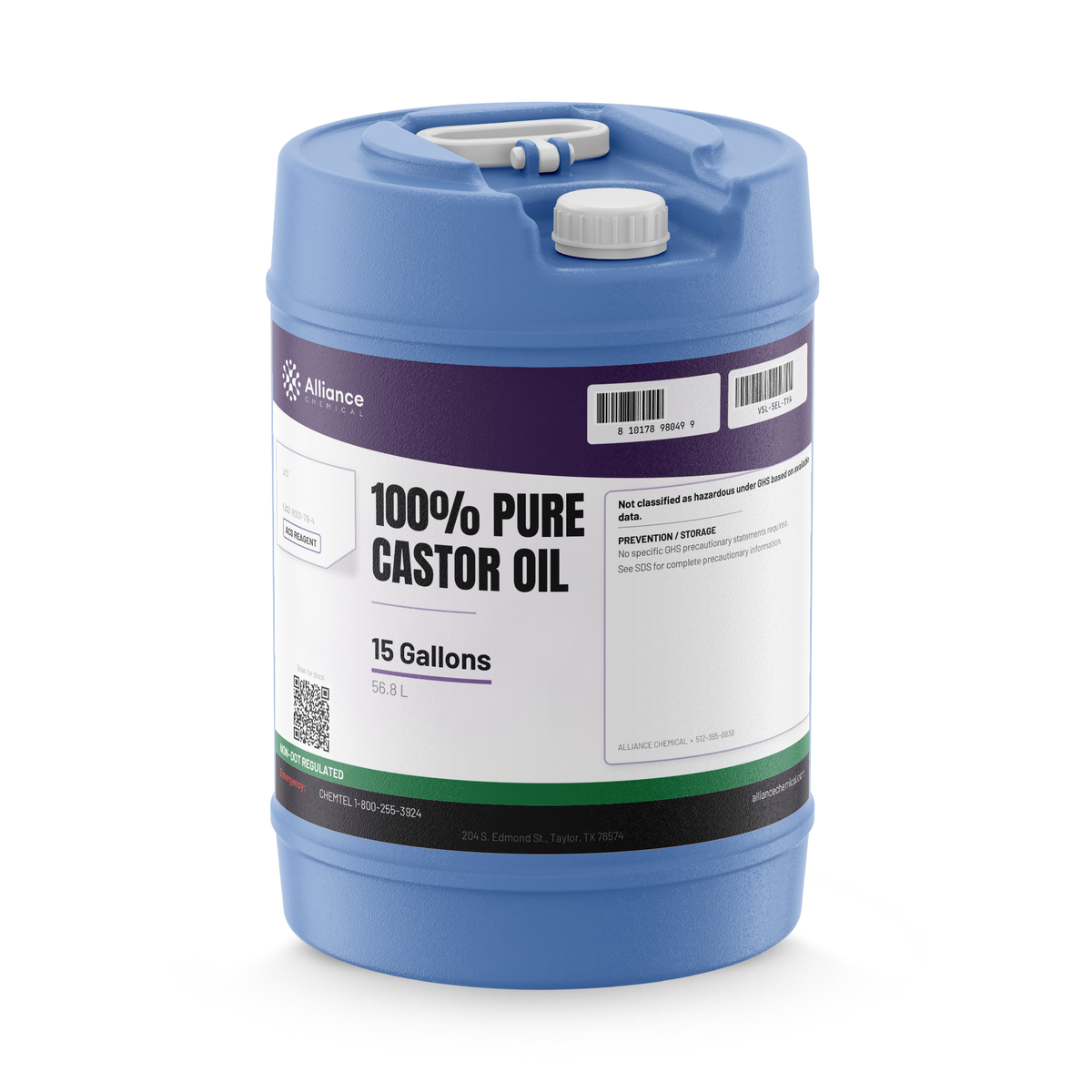 100% pure castor oil ACS reagent grade in a 15-gallon blue plastic carboy, Alliance Chemical