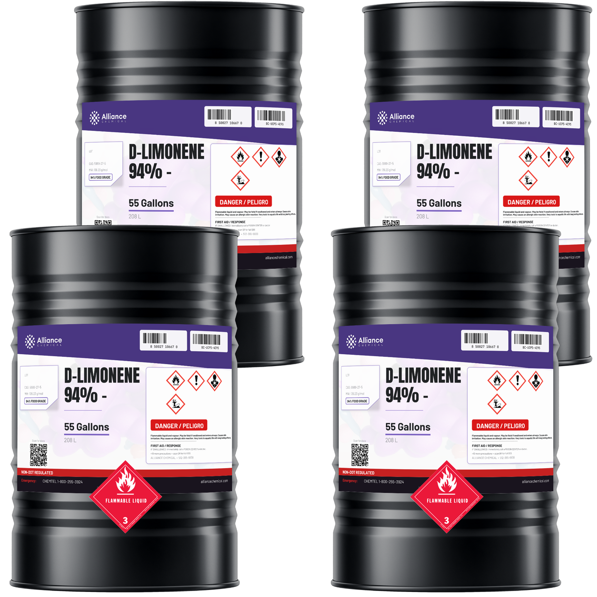 D-Limonene 94% Food Grade in four 55-gallon drums from Alliance Chemical for industrial degreasing