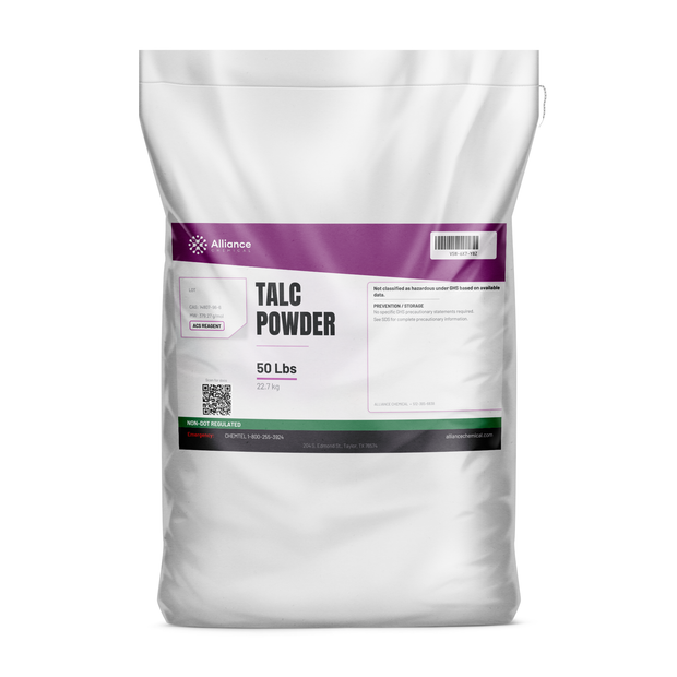 Talc Powder ACS Reagent Grade in a 50-lb bag, for industrial mineral filling and analytical lab use, Alliance Chemical