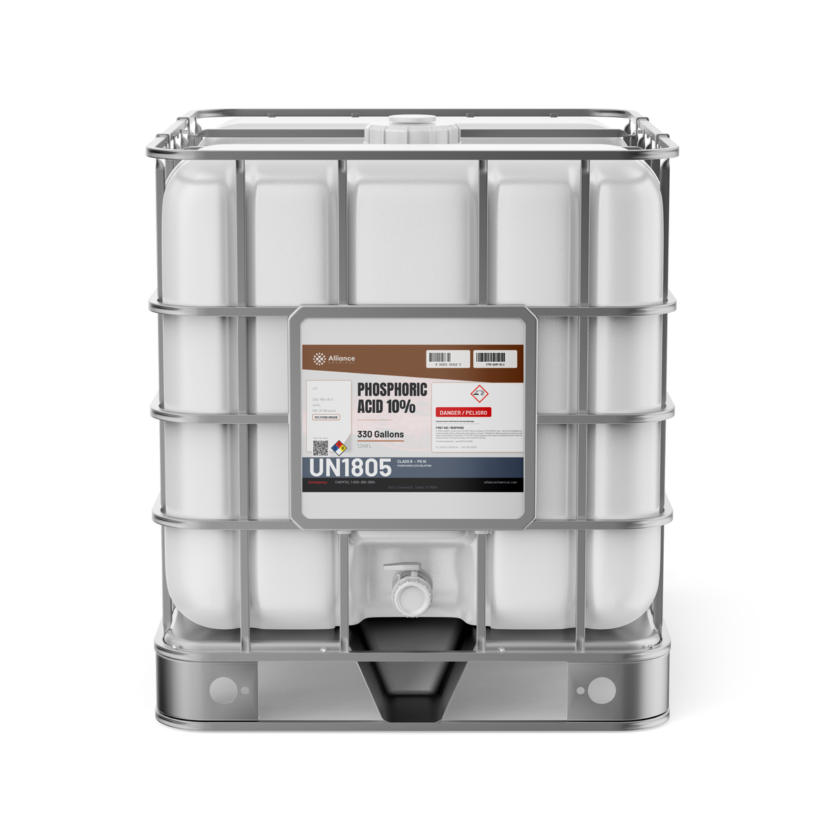 Phosphoric Acid 10% Food Grade in a caged white 330-gallon IBC tote on a metal pallet, Alliance Chemical