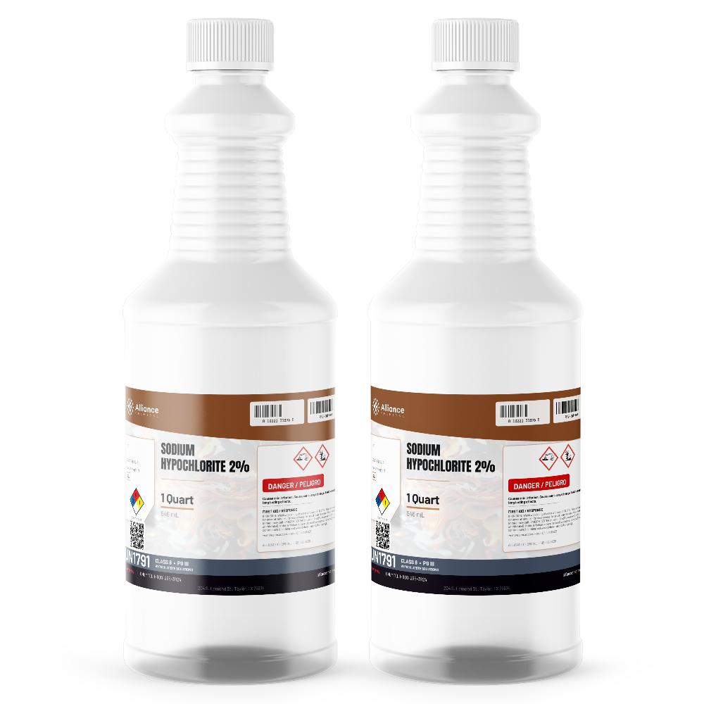 Sodium Hypochlorite 2% Technical Grade in two 1-quart plastic bottles, Alliance Chemical
