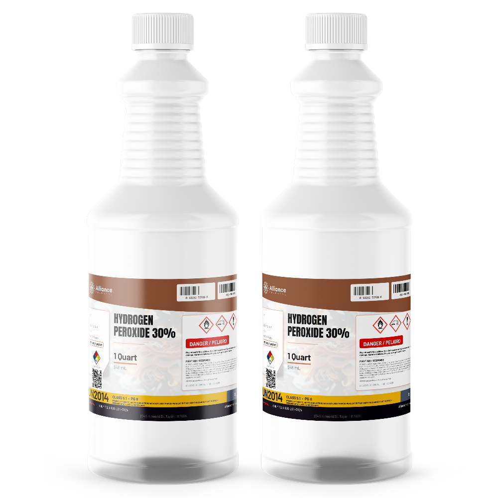 Hydrogen Peroxide 30% ACS Grade, two 1-quart bottles, Alliance Chemical, for chemical synthesis and silicon wafer cleaning