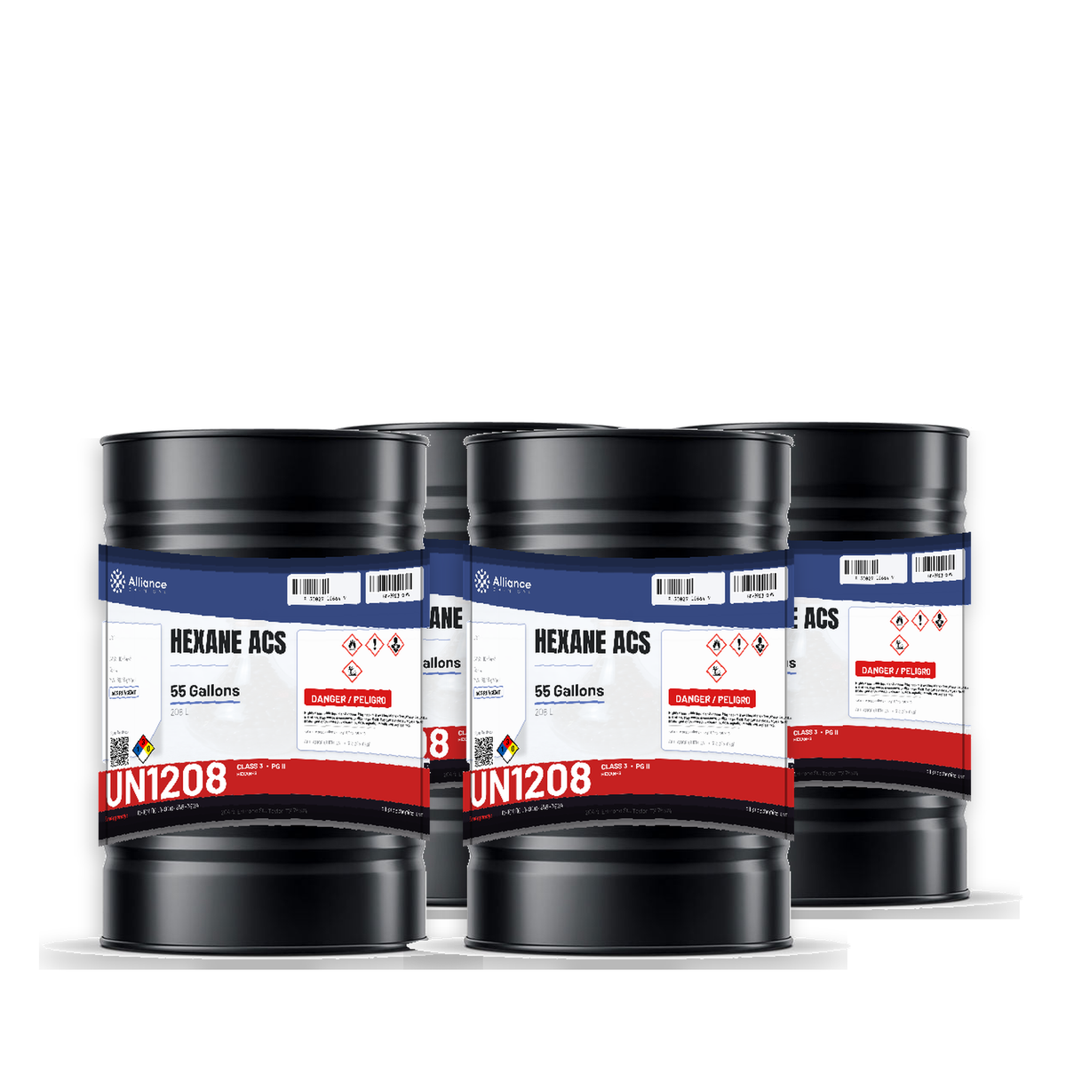 Hexane ACS Reagent Grade in four 55-gallon drums, Alliance Chemical for non-polar solvent extraction and chromatography