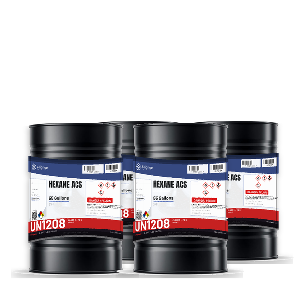 Hexane ACS Reagent Grade in four 55-gallon drums, Alliance Chemical for non-polar solvent extraction and chromatography