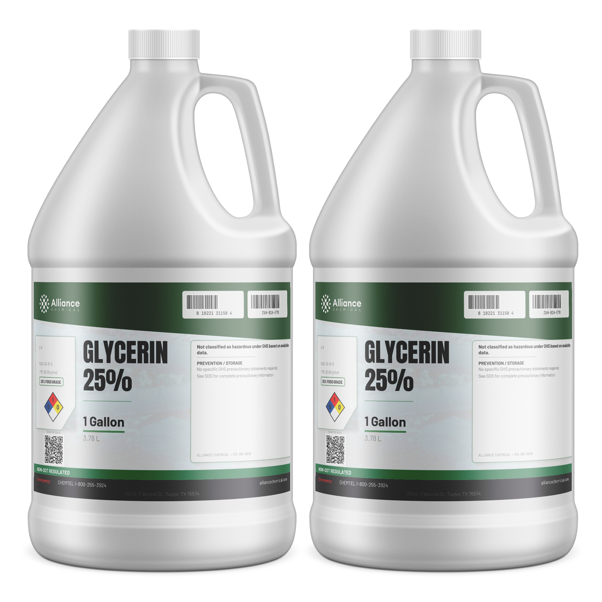 Glycerin 25% Food Grade in two 1-gallon plastic jugs for food and beverage processing, Alliance Chemical