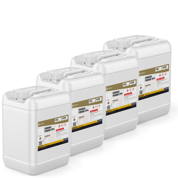 Hydrogen Peroxide 25% Technical Grade in four 5-gallon pails for industrial wastewater treatment, Alliance Chemical
