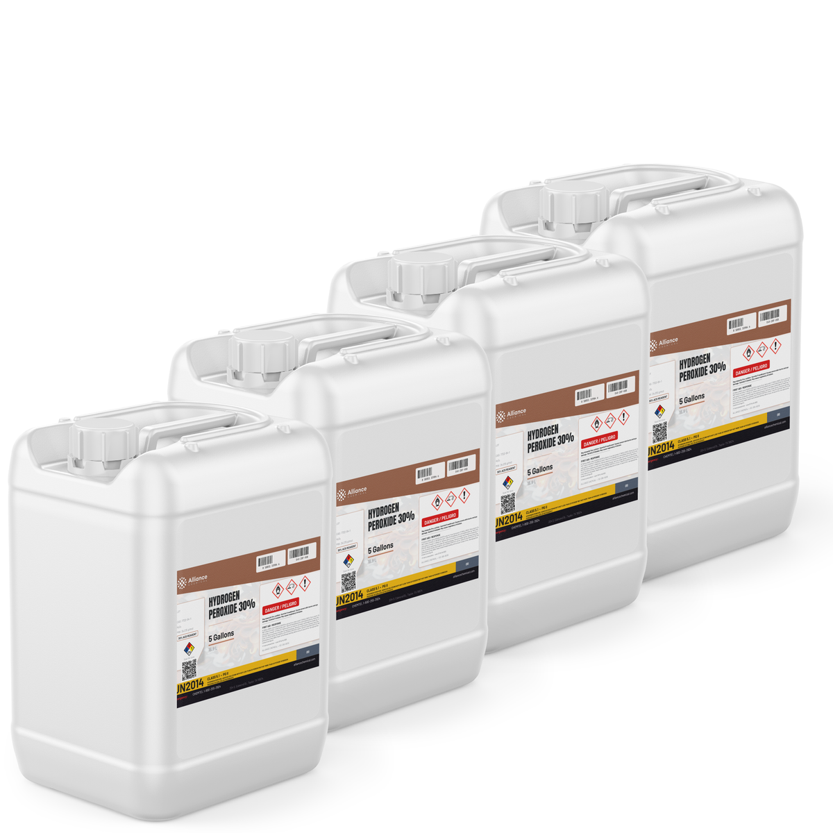 Hydrogen Peroxide 30% ACS Reagent Grade in four white 5-gallon pails, Alliance Chemical