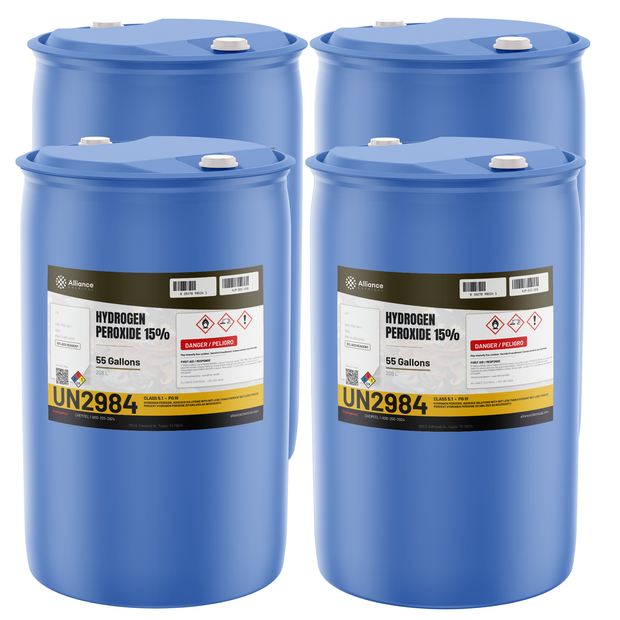 Hydrogen Peroxide 15% ACS Reagent Grade in four 55-gallon drums, Alliance Chemical for laboratory sample preparation