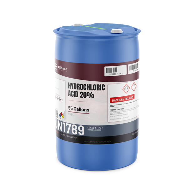 Hydrochloric Acid 20% ACS Reagent Grade in a blue plastic 55-gallon drum, Alliance Chemical