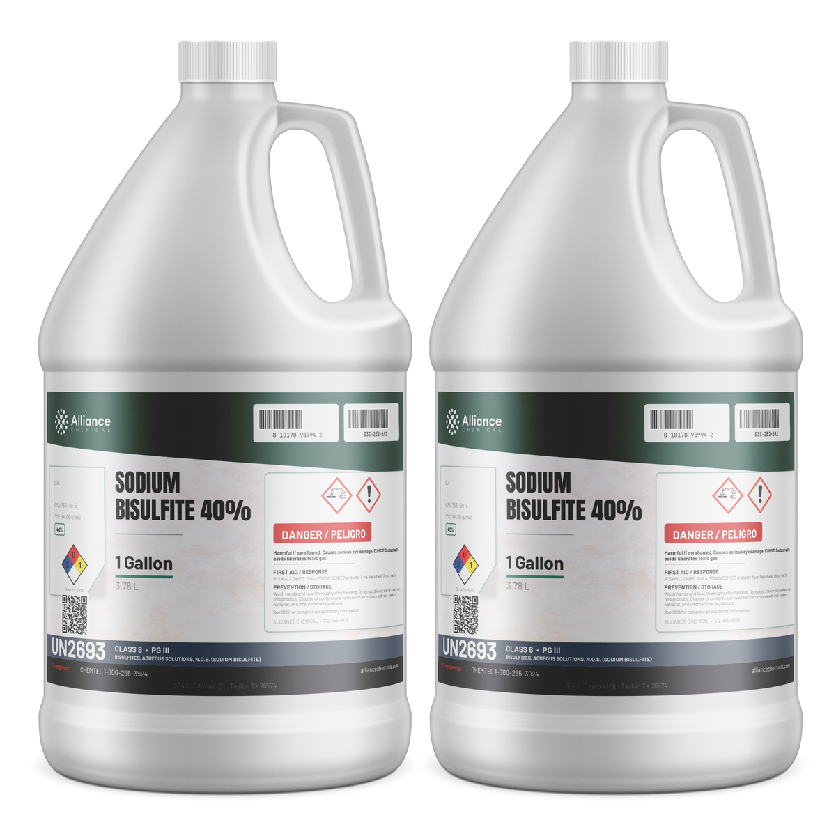 Sodium Bisulfite 40% Technical Grade in two 1-gallon jugs for wastewater dechlorination, Alliance Chemical