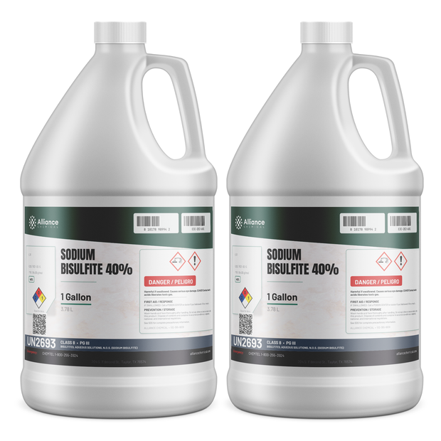 Sodium Bisulfite 40% Technical Grade in two 1-gallon jugs for wastewater dechlorination, Alliance Chemical