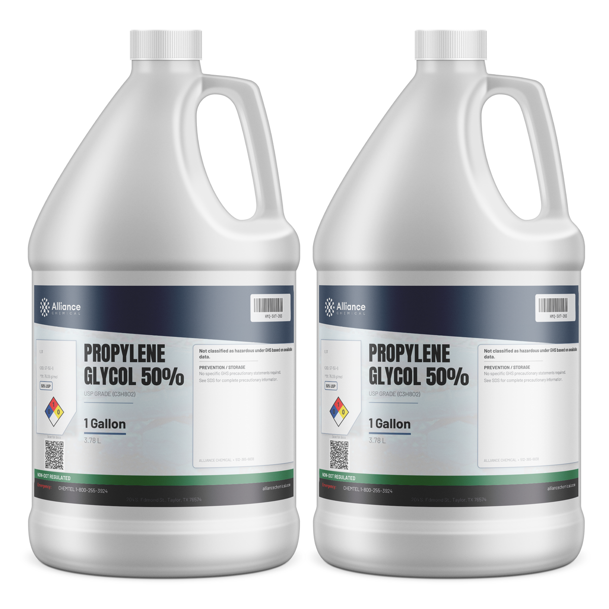Propylene Glycol 50% USP Grade liquid in two 1-gallon plastic jugs, Alliance Chemical