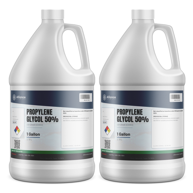 Propylene Glycol 50% USP Grade liquid in two 1-gallon plastic jugs, Alliance Chemical