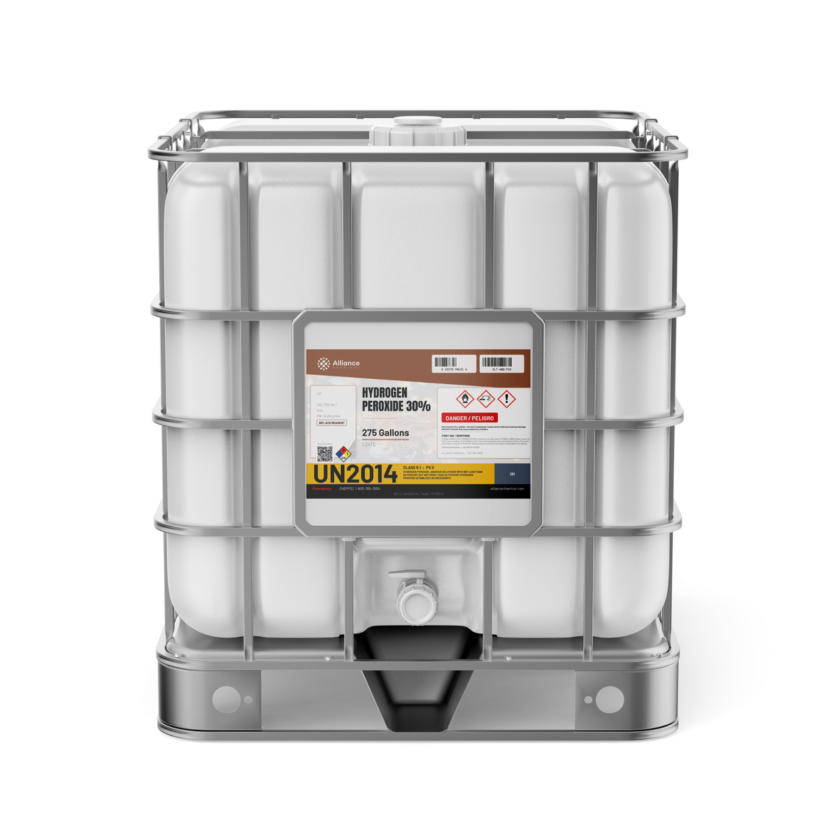 Hydrogen Peroxide 30% ACS Grade in a caged 275-gallon IBC tote from Alliance Chemical