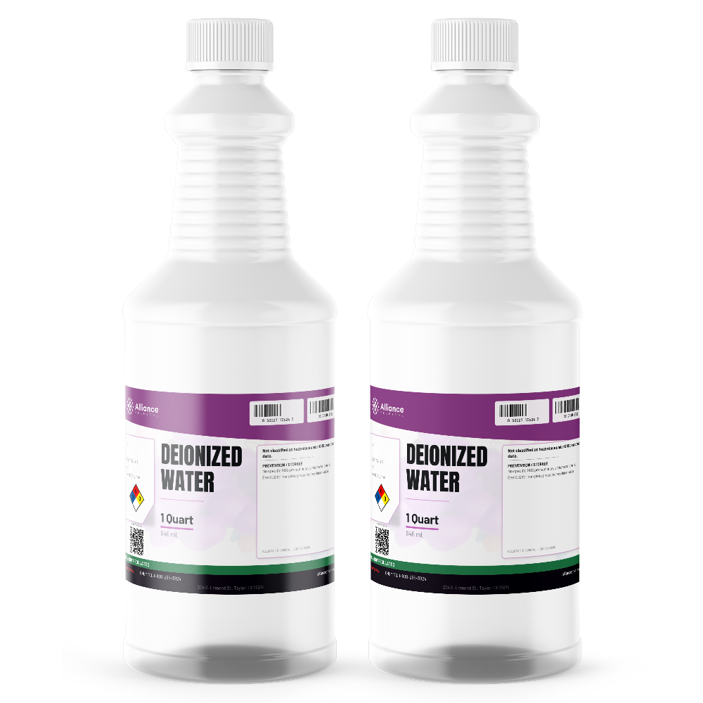 Technical grade deionized water in two 1-quart plastic bottles from Alliance Chemical for laboratory reagent prep