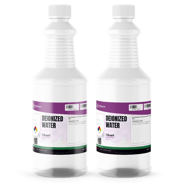 Technical grade deionized water in two 1-quart plastic bottles from Alliance Chemical for laboratory reagent prep