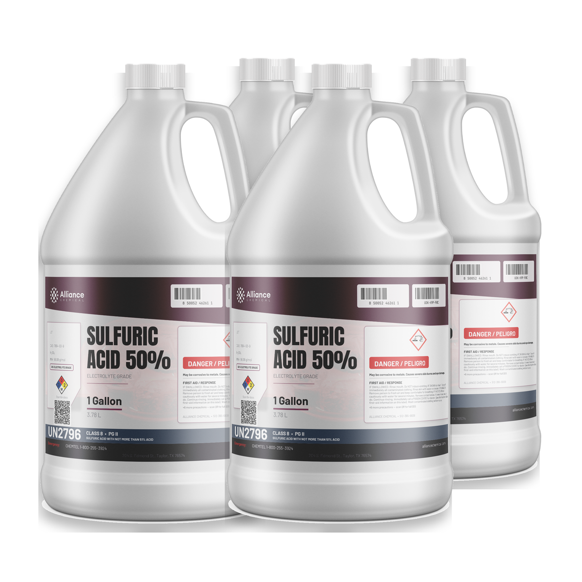 Sulfuric acid 50% electrolyte grade in four 1-gallon plastic jugs from Alliance Chemical