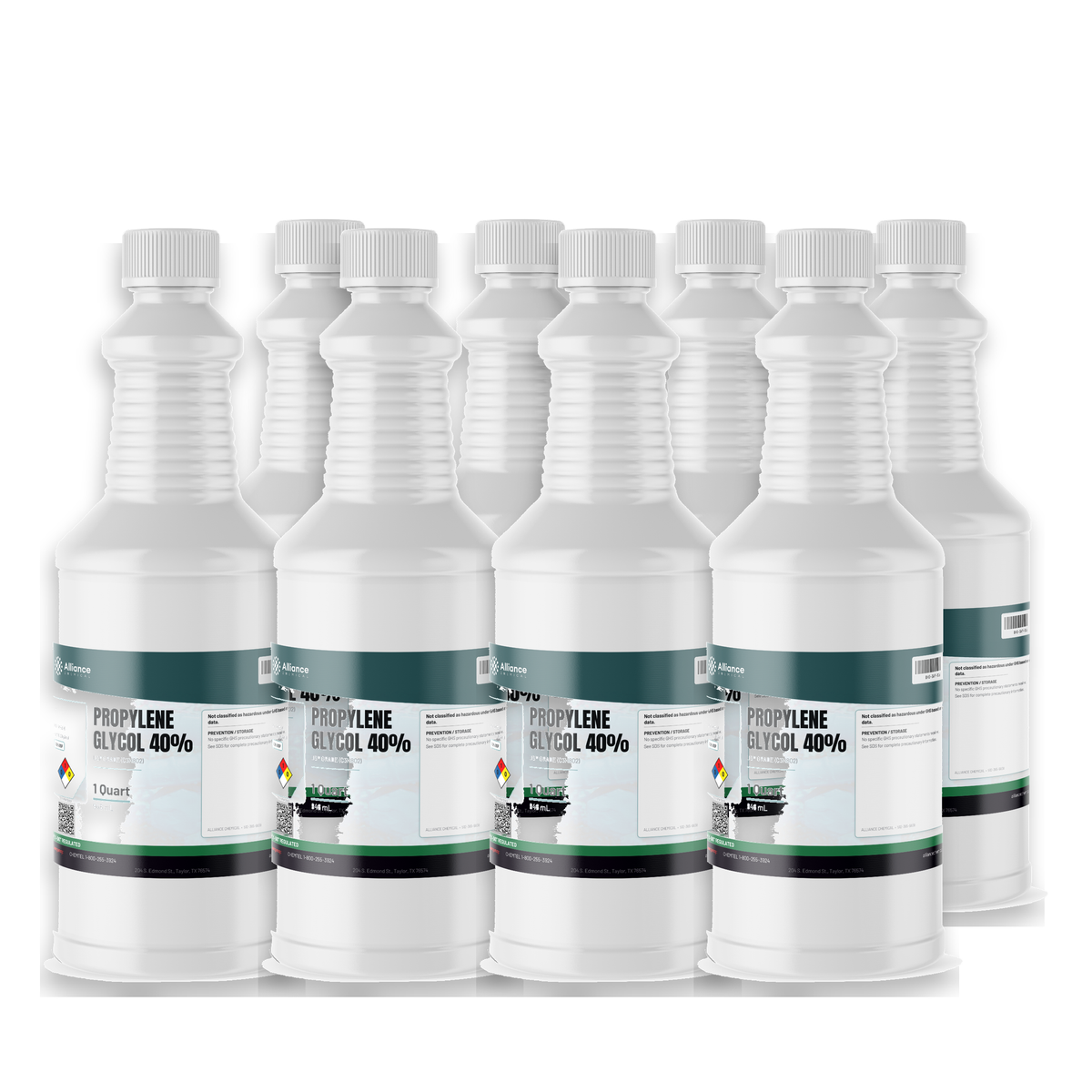 Propylene Glycol 40% USP Grade in eight 1-quart white plastic bottles, Alliance Chemical
