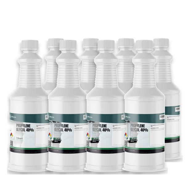 Propylene Glycol 40% USP Grade in eight 1-quart white plastic bottles, Alliance Chemical