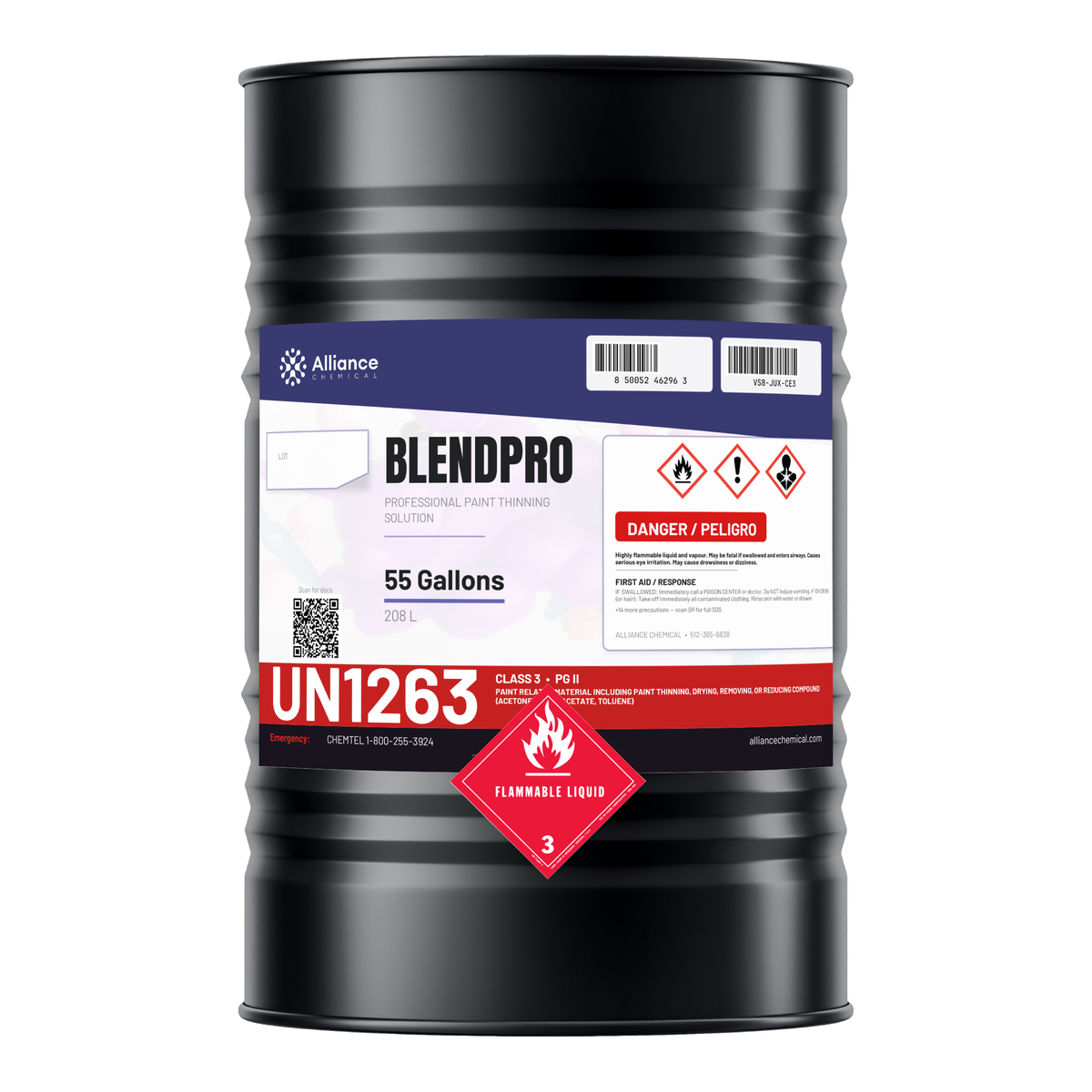 Blendpro Technical Grade Paint Thinner in a 55-gallon drum by Alliance Chemical for equipment cleanup and paint thinning