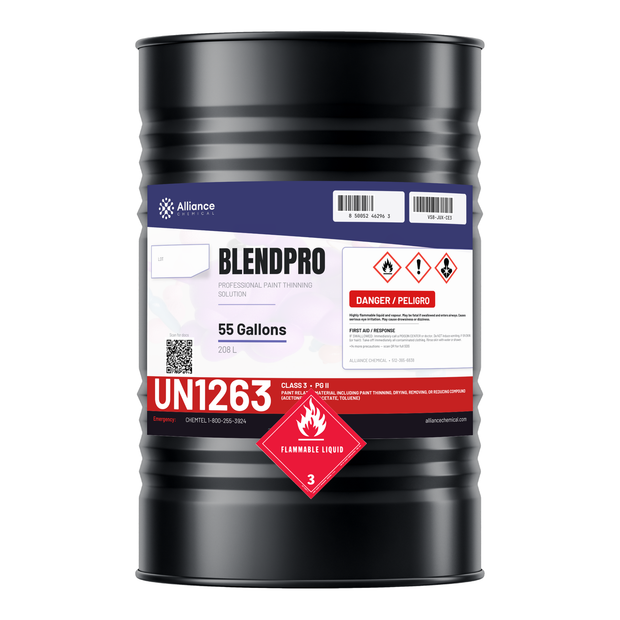 Blendpro Technical Grade Paint Thinner in a 55-gallon drum by Alliance Chemical for equipment cleanup and paint thinning