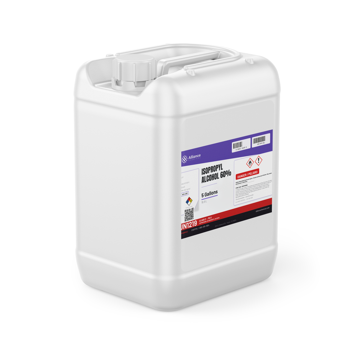 Isopropyl Alcohol 60% USP Grade in a 5-gallon white plastic jerry can, Alliance Chemical