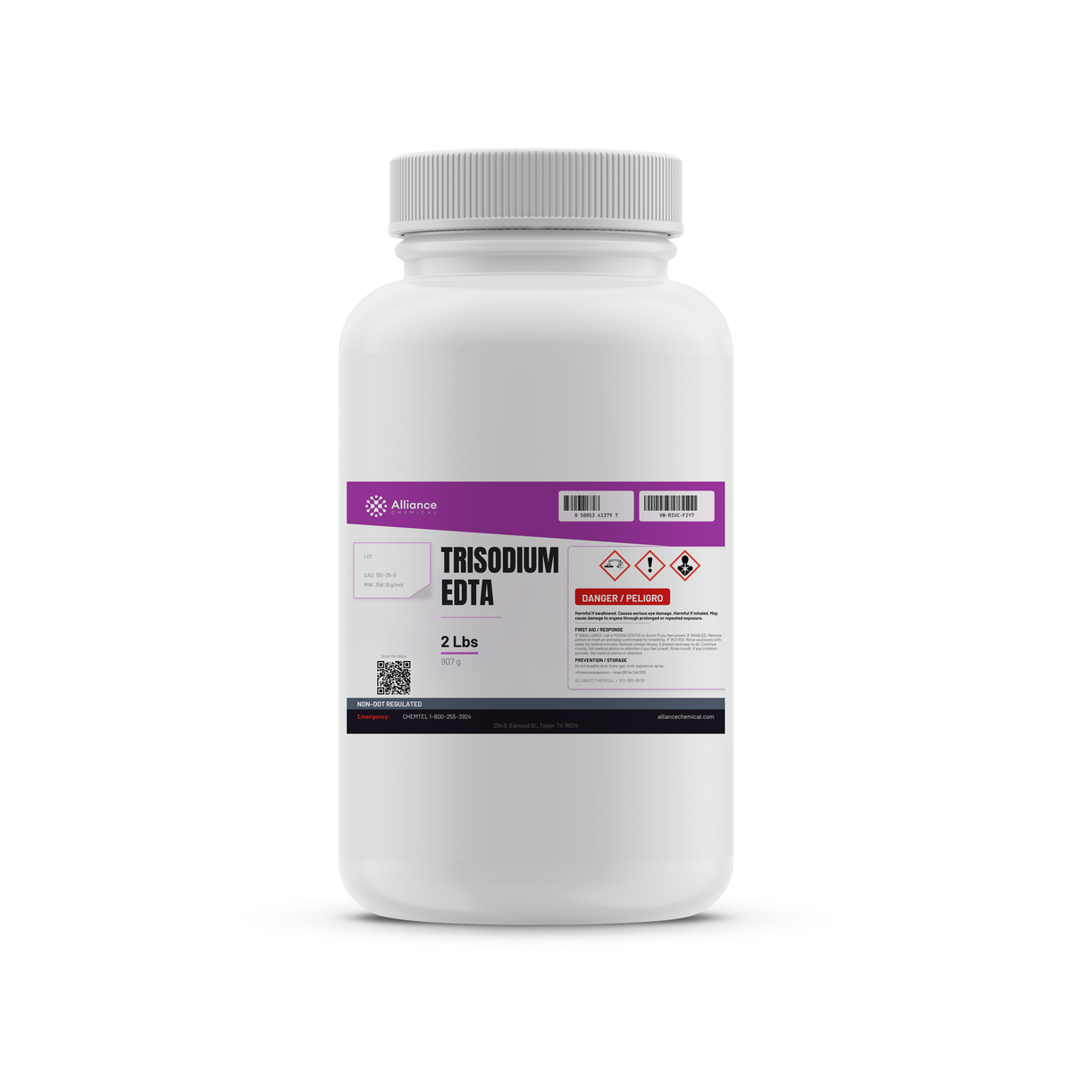 Trisodium EDTA Technical Grade in a 2-lb white plastic bottle from Alliance Chemical for metal ion sequestering