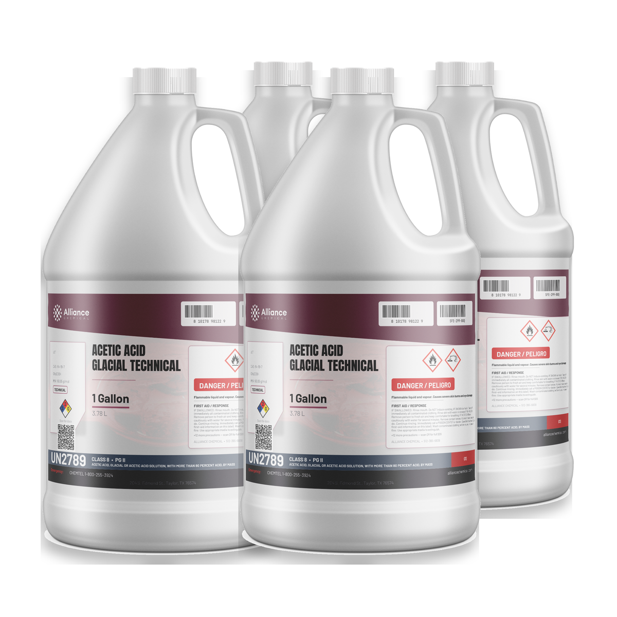 Acetic Acid Glacial Technical Grade in four 1-gallon plastic jugs from Alliance Chemical for textile dyeing and pH control