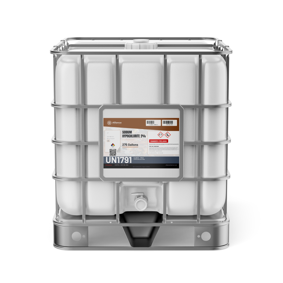 Sodium Hypochlorite 2% Technical Grade in a 275-gallon IBC tote, Alliance Chemical