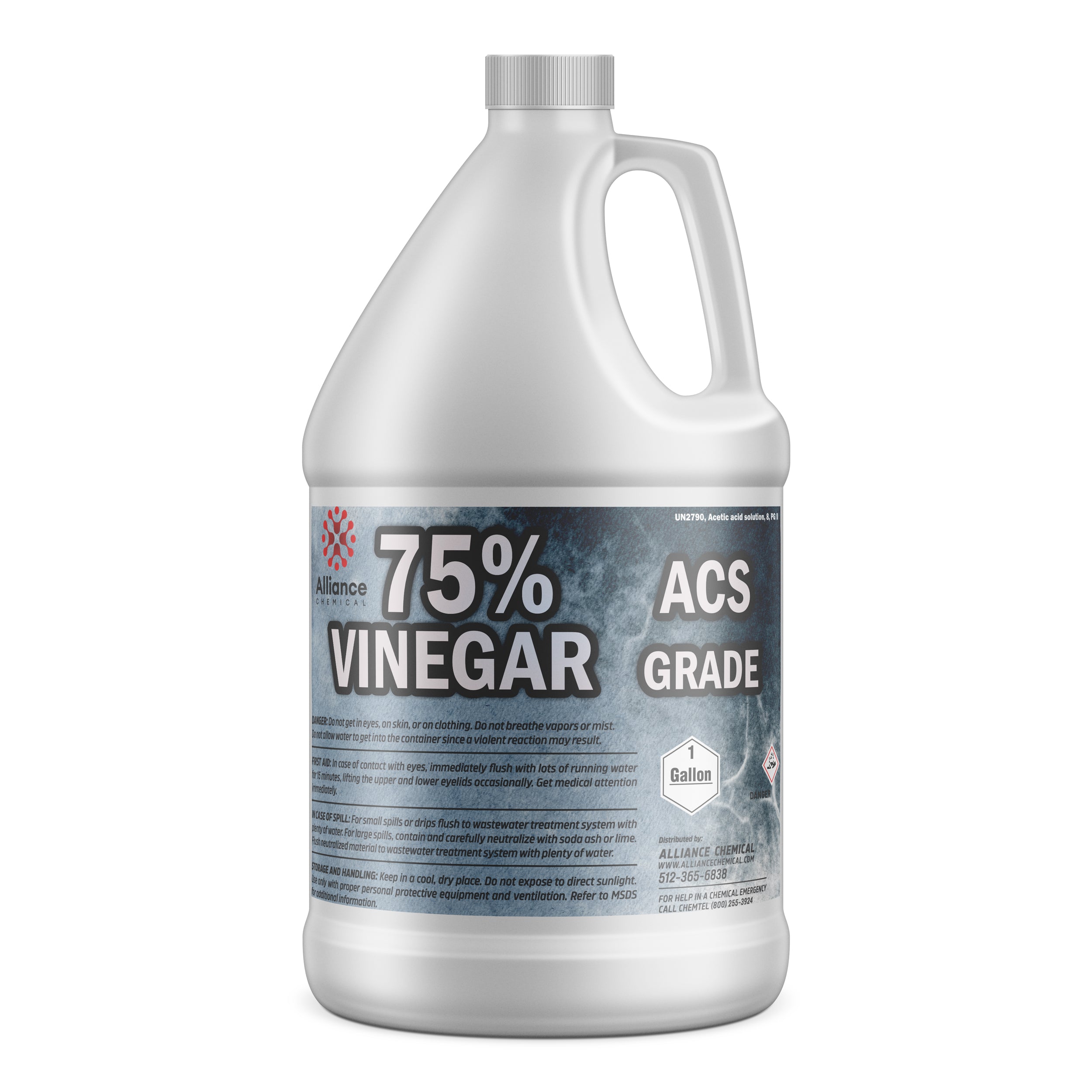 One-gallon HDPE jug of 75% ACS-grade vinegar solution from Alliance Chemical, featuring hazard warnings, safety instructions, and industrial specifications on blue-gray label.